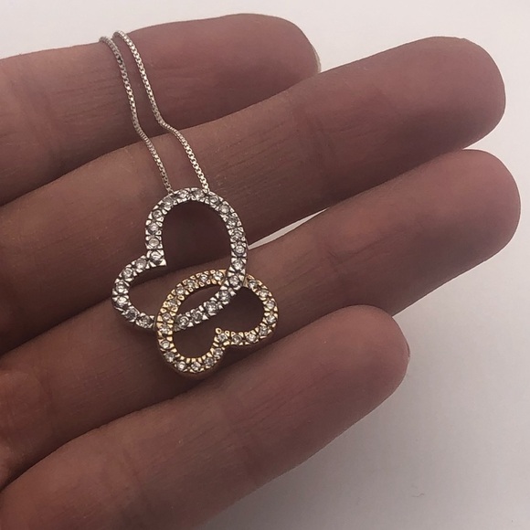 VTG Sterling Butterfly Hearts Cz Stone Two Tone Pendant w Chain 18” & .8” - Picture 5 of 11